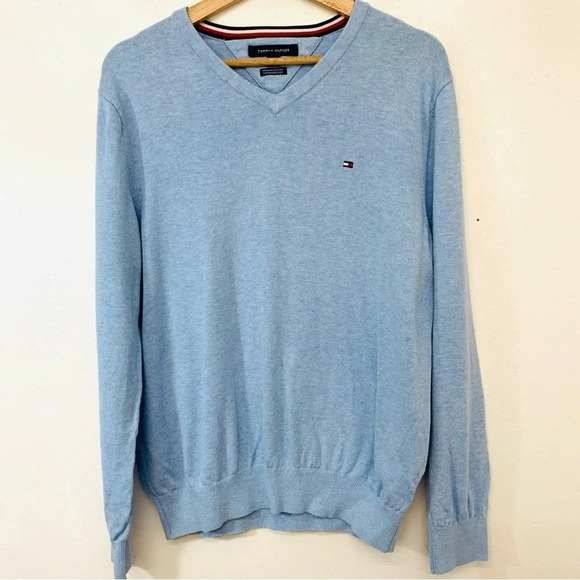 Tommy Hilfiger V Neck Sweater Men Medium Blue 100% Cotton Stretch Logo - Picture 1 of 10